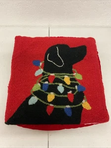 Handcrafted Christmas Lights BLACK LAB Hook Pillow  Wool 16 X 16 Holiday Dog - Picture 1 of 7