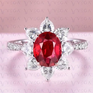 5.50Ct Oval Cut Natural Ruby and Diamond Prong Design Ring 18K White Gold Plated - Picture 1 of 16