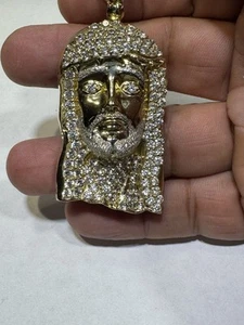 Large 14k yellow gold CZ Religious Jesus Face Pendant 3" 26.9gr - Picture 1 of 12