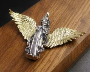 Beautiful 925 Sterling Silver Praying Angel Pendant with Brass Large Open Wing - Picture 1 of 8