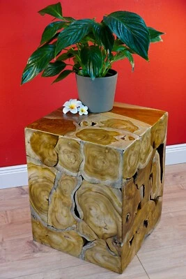 Teak Holz Beistelltisch Upcycling Massivholz Blumentisch Hocker Rustikal Deko - Bild 1 von 2