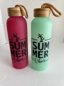 Boutique Colorful Summer Vibes Glass Water Bottles Bamboo Lid  ~ New ~ 2 Bottles - Picture 1 of 7