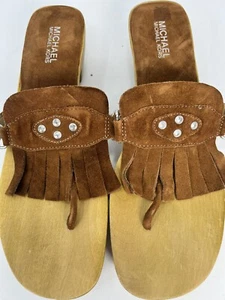 Michael Kors Wood Sandals Slides Size 10M Suede Leather Fringe Studs EUC! NICE! - Picture 1 of 24