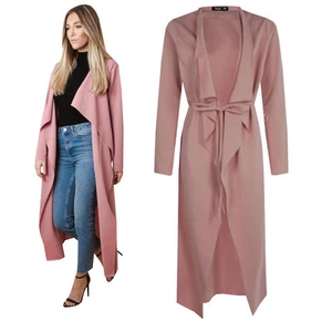 Rose Damen Maxi Midi Langarm Gürtel Wasserfall Staubmantel Jacke Mantel Cardigan - Bild 1 von 7