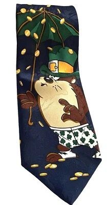 Gravata Looney Tunes Taz Tie trevo shorts moedas azul marinho poliéster novidade - Imagem 1 de 4