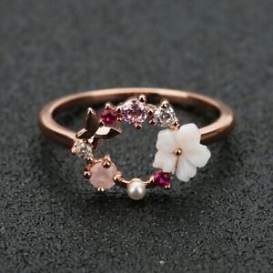 Fashion Creative Butterfly Flowers Rose Gold Zircon Finger Wedding Ring Size 6