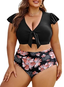 Eytino Übergröße Bikini Damen hohe Taille Bauch Kontrolle Bindeknoten schwarz 2X - Bild 1 von 3