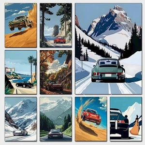 Classic Porsche 911 Alpine Scenery Art Canvas Prints - Picture 1 of 20