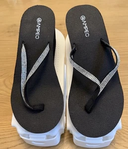 Women's Wedge Platform SZ 6 Black Sparkle Thong Sandals Flip Flop NEW - Picture 1 of 2