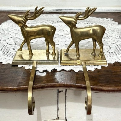 Brass Stocking Holder Reindeer Set Pair Hanger Long Arm Heavy Vintage Christmas - Image 1 of 4