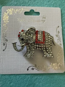 New Arrival Rhinestones Pave Elephant Silver & Orange Brooch - Picture 1 of 5
