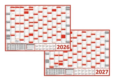 LYSCO® XXL Wandkalender DIN A0 2026 + 2027 (rot) gerollt Wandplaner Ferien Feiertage