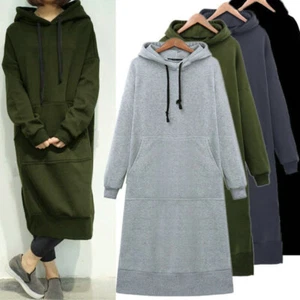 Sweatshirt Winter Dress Women Hoodie Long Lining Sleeve Fleece Pullover Dress - Picture 1 of 19