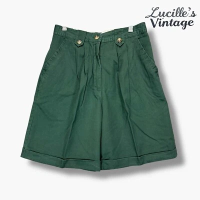 复古女式 5/6 码打褶高腰 100% 棉斜纹短裤旧钱绿色 — 第 1/4 张图片