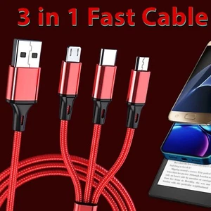 3in1 Fast Charging Cable USB-C, 1.2M Universal Nylon Braided USB Charger Cord - Picture 1 of 28