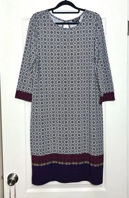 George Floral Geo Black & White Dress Sz L (12-14) Red & Purple Trim 3/4 Sleeves - Image 1 of 4