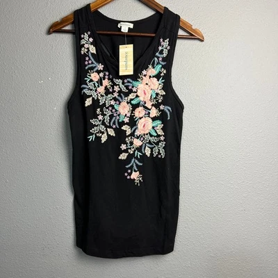 Camiseta sin mangas Sundance Flowers in Bloom negra bordada espalda deportiva torcida pequeña nueva con etiquetas Foto 1 de 4