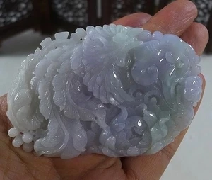 Feiner natürlicher A Lavendel Jadeit Jade handgeschnitzt Phönix Pfingstrose Blume Anhänger - Bild 1 von 8