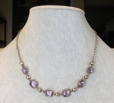 Gorgeous 925 sterling silver light purple amethyst cabochons necklace 16" - Image 1 of 4