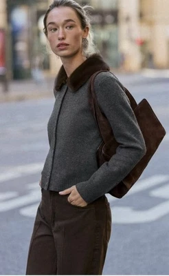 Deane белый L шерсти серый кардиган свитер искусственного меха воротник съемный бисером укороченный - Изображение 1 из 4