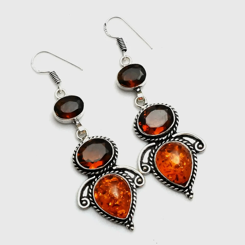 Pendientes colgantes ámbar miel citrino piedras preciosas hechos a mano joyería 1,8" AE-11812 Foto 1 de 1