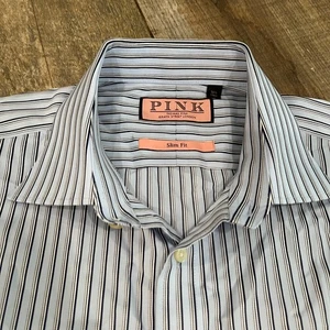 Thomas Pink Mens Shirt 16.5 Blue Striped French Cuff Slim Fit Dress Button Up UK - Picture 1 of 8