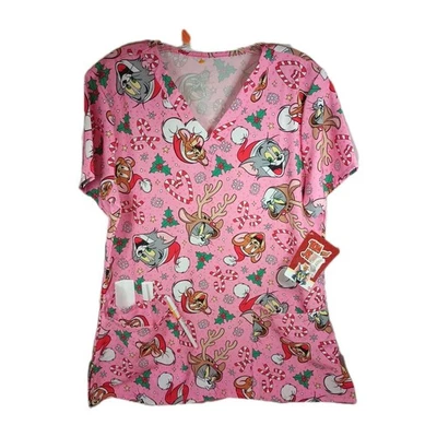 Tom and Jerry Christmas Unisex Scrub Club Top V-Neck  Med  New 4 Hem Pockets - Image 1 of 4