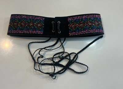 Vintage 1990's Express Multicolor Woven on Leather Tie Belt, Size S Boho Western - Image 1 of 4