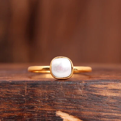 Freshwater Pearl Ring Gold Vermeil Women Ring Solitaire Engagement Ring Gift - Image 1 of 4
