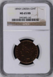 LIBERIA , BRONZE 1 CENT 1896 H - NGC MS 65 RB , RAREM - Picture 1 of 2