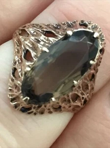 retro vintage 9Ct HM Y/gold Smart Barked smokey Quartz dress ring - Picture 1 of 16