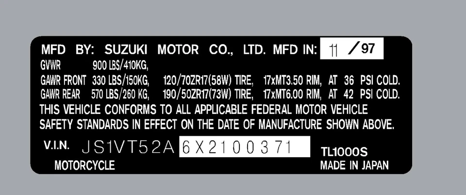 ETIQUETA DE TUBO DE DIRECCIÓN SUZUKI TL1000S / CALCOMANÍA REPRO VERSIÓN CANADIENSE Foto 1 de 1