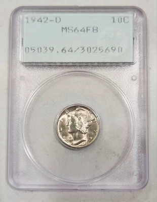 1942-D Mercury Dime ~ PCGS MS64 FB OGH Rattler Holder ~ 10C Silver Coin - Image 1 of 4