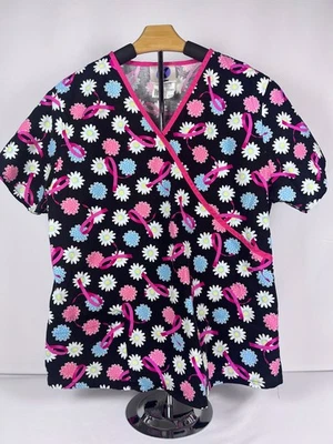 Landau 女式磨砂上衣 L 码 - 乳腺癌意识丝带和花朵印花 — 第 1/4 张图片