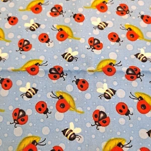 Blue Cotton Ladybug Fabric 25" X 45" Henry Glass Where Your Garden Grows - Picture 1 of 6