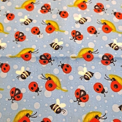 Blue Cotton Ladybug Fabric  25" X 45"  Henry Glass Where Your Garden Grows - Image 1 of 4