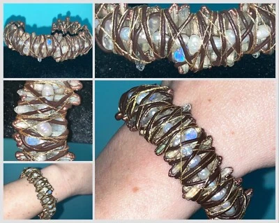 Unique Boho Quartz Crystal Leather Copper Cuff Eclectic Avant Garde Bracelet Hot - Image 1 of 4