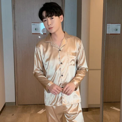 Conjunto de pijama de satén de seda para hombre pijama para hombre ropa de dormir suelta conjunto de pijama regalo de otoño Foto 1 de 4