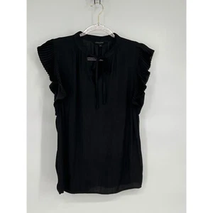 Banana Republic Blouse Pleated Flutter Sleeve Tie Neck Black Top Size M - Picture 1 of 8
