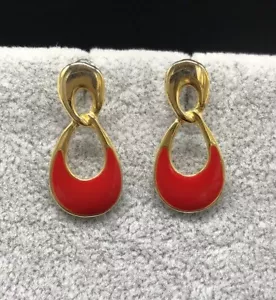 Vintage Enamel & Gold Tone Door knocker Earrings, 1” Dangle, Post Back - Picture 1 of 3