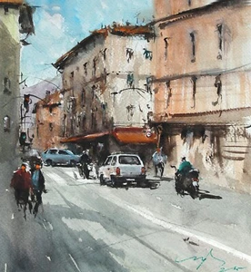 PAINTING WATERCOLOR ORIGINAL ARCHITECTURE NAPLES STREET ITALY CITY SCENE 9x9.5in - Picture 1 of 8
