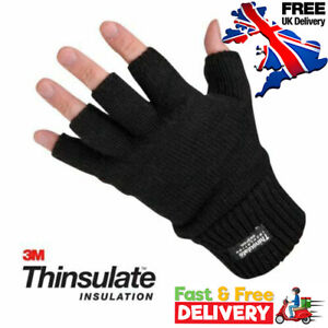 Mens Ladies Fingerless Gloves Thermal Thinsulate Knitted Wooly 3M Black 