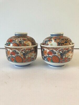 Pair Of Vintage Japanese Imari-ware Colored Porcelain Tea Bolw/Cups With Lid • 69$