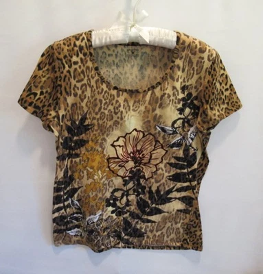 Jones New York brown animal print scoop neck short sleeve tee *Sz L* - Image 1 of 4