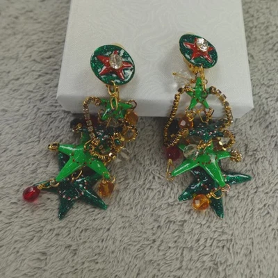 Lunch at the Ritz Earrings Christmas Tree Star Dangles Signed Clip On - Imagem 1 de 4