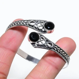 Black Spinel Gemstone Handmade 925 Sterling Silver Jewelry Adjustable Bangle - Picture 1 of 1