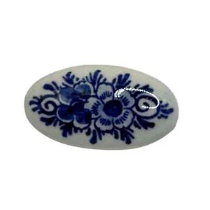 Delft Holland Handarbeit blau weiß Blumen Porzellan oval Brosche Anstecknadel - Bild 1 von 5
