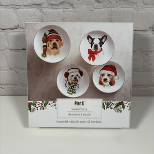 Pier 1 Weihnachten Hund kleine Teller verpackt Set 4 Salat Dessert Party 8" Durchmesser - Bild 1 von 5