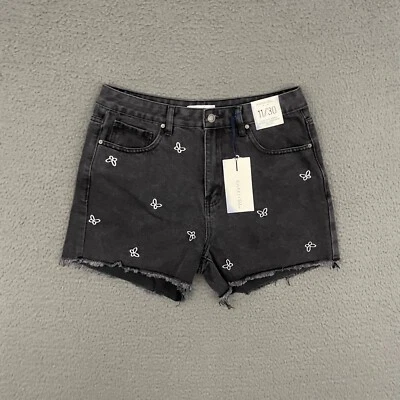 Pantalones Cortos Jean Caqui + Azul Mujer Talla 11/30 Negro Bordado Mariposa Tiro Alto Foto 1 de 4