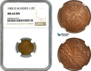 AK457, Danish West Indies, Christian IX, 1/2 Cent 1905, NGC MS64BN, Prooflike! - Picture 1 of 1